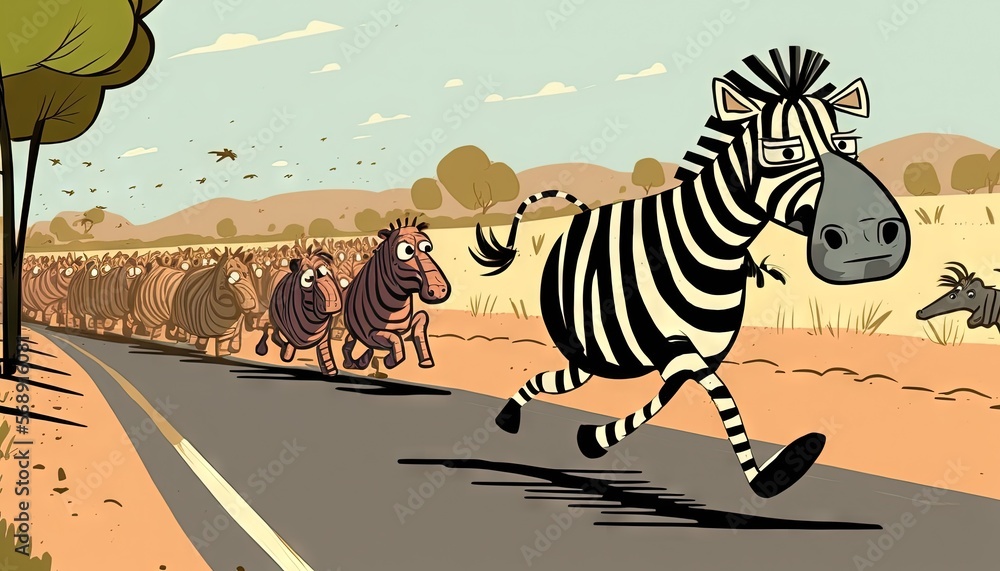 Poster a zebra is running down the road with other zebras in the background and a third zebra is running aw