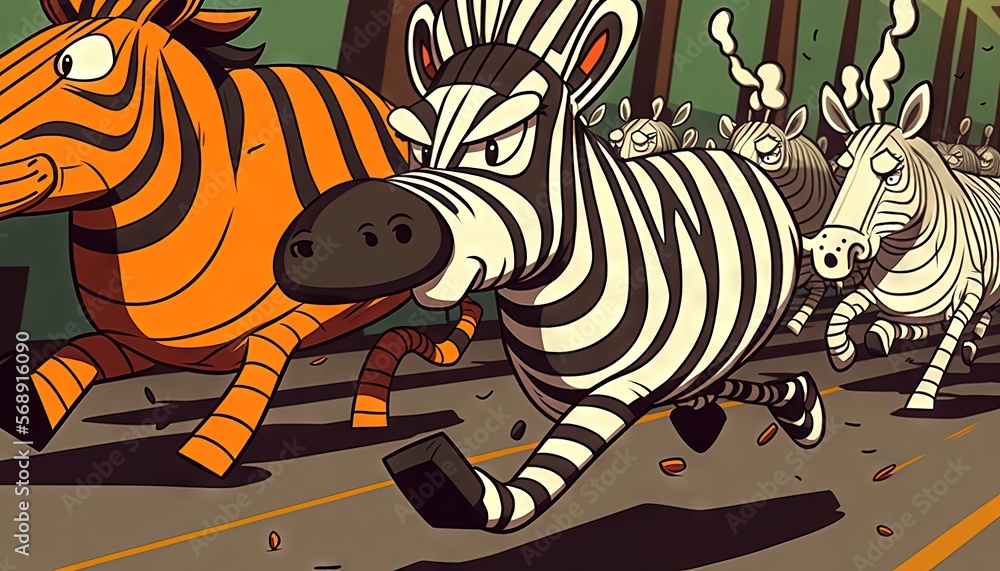 Aufkleber a group of cartoon zebras running down a street together in a line with a zebra in the middle of the