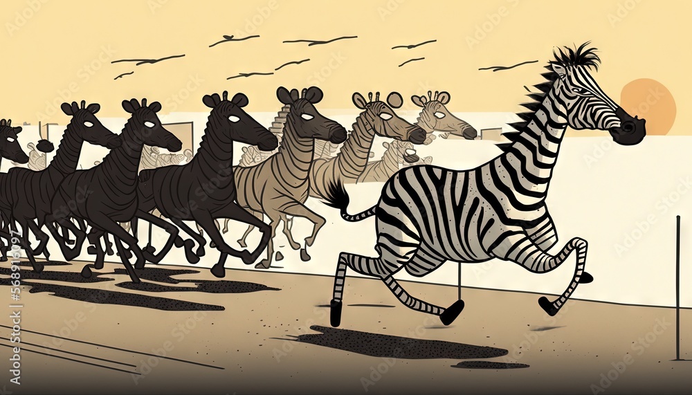 Poster a drawing of a zebra running in front of a herd of zebras in a desert area with birds flying overhea
