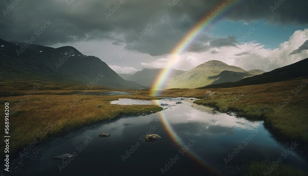 Aufkleber a rainbow in the sky over a small stream in a field with mountains in the background and a cloudy sk