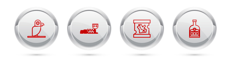 Set line Pirate parrot, Treasure and riches, treasure map and Alcohol drink Rum bottle. Silver circle button. Vector