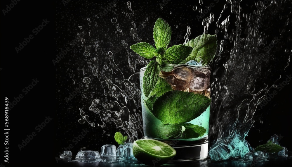 Poster a glass of mint water with ice cubes and mints on a black background with water splashing around it 