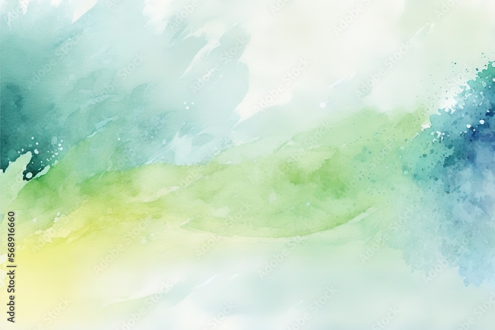 Poster a painting of a green and blue wave with a white background and a yellow and blue stripe on the bott