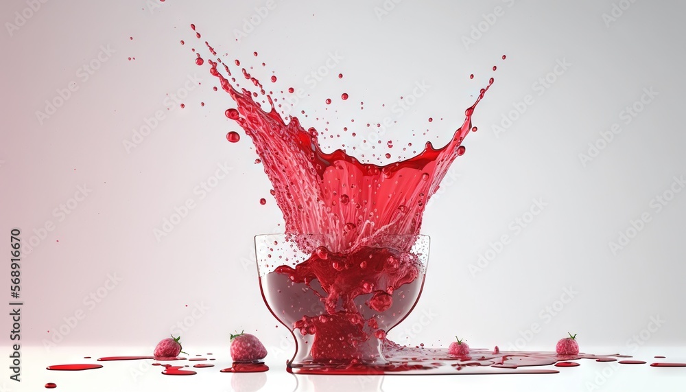 Poster a red liquid splashing out of a glass filled with strawberries on a white surface with drops of wate