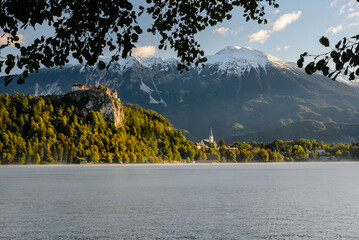 Bled Castle and church and Julian Alps at background