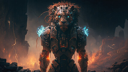 Lion head cyborg with cyberpunk style at volcano with a scary face and volcano background generative ai.
