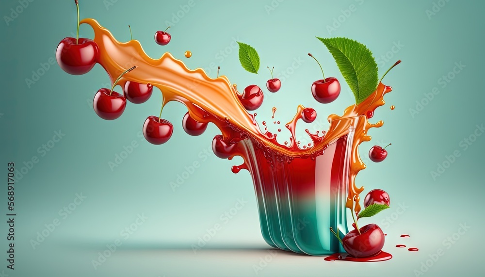 Poster a glass of cherry juice with cherries and leaves splashing out of it, creating a vibrant and animate