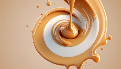  a liquid pouring into a white bowl with a brown liquid in the middle of it and a spoon in the middle of the bowl with liquid.  generative ai