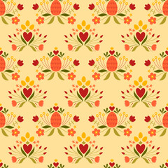 Easter seamless pattern with colored egg and flowers. Background for poster, greeting card, invitation or postcard.