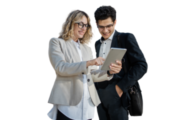 Colleagues using a tablet business office formal wear man and woman, isolated PNG, transparent background.