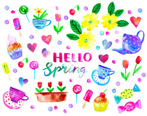 Spring season background with flowers, hearts, teapot, cup, cake, candy, popsicles