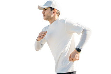 Guy running in sportswear fitness outdoors, Isolated PNG, transparent background.