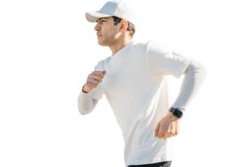 Guy running in sportswear fitness outdoors, Isolated PNG, transparent background.