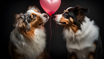 two dogs in love with a heart-shaped balloon on valentine's day, 3d render digital illustration