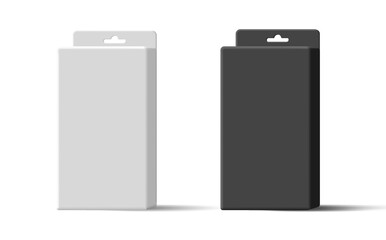 3d black and white product packaging with hanging mount for store shelves. Empty boxes for design.