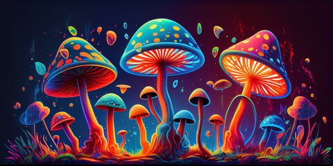Magic mushrooms over sacred geometry. Psychedelic hallucination. Vibrant vector illustration. 60s hippie colorful art. Generative Ai.