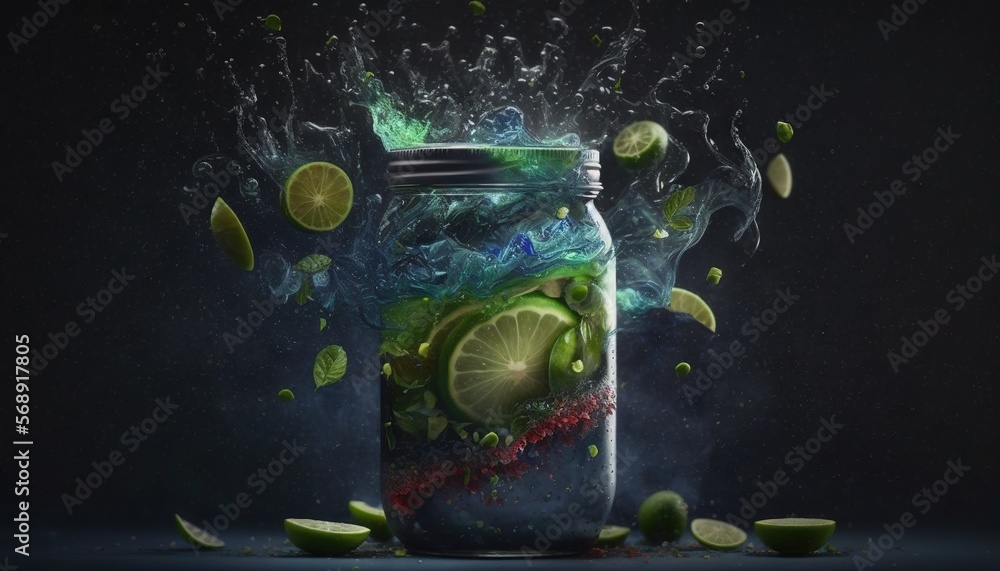 Poster a jar filled with limes and water with a splash of water on top of the jar and limes on the bottom o