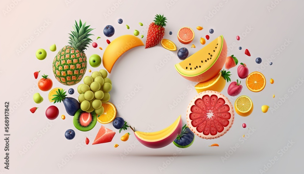 Poster a bunch of different fruits are arranged in the shape of a letter c on a white background with space