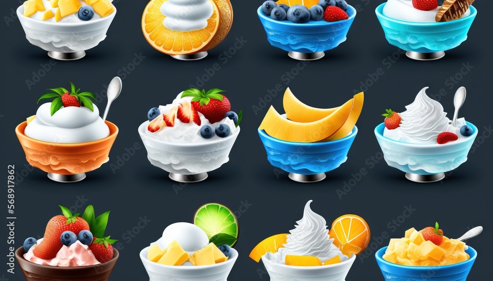 Aufkleber a bunch of different bowls of different types of food and drinks on a black background with a blue b