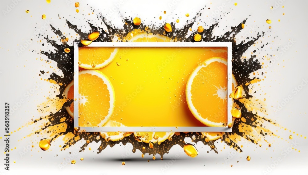 Poster a picture frame with orange slices and splashes on a white background with a white frame for the pic