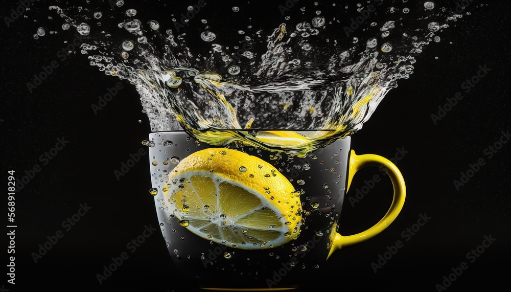Poster a cup of water with a lemon and a splash of water on the top of it and a lemon slice in the middle o
