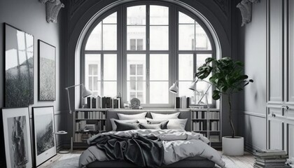  a bedroom with a large arched window, a bed, and a plant in the corner of the room with a large window on the wall.  generative ai