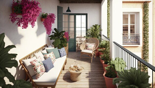  a balcony with a couch, chairs and potted plants on the side of the building and a balcony with potted plants on the other side of the building.  generative ai