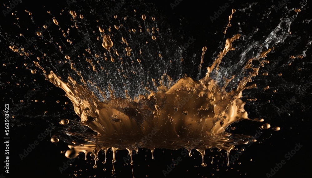 Poster a splash of orange juice on a black background with drops of water on the bottom of the image and th