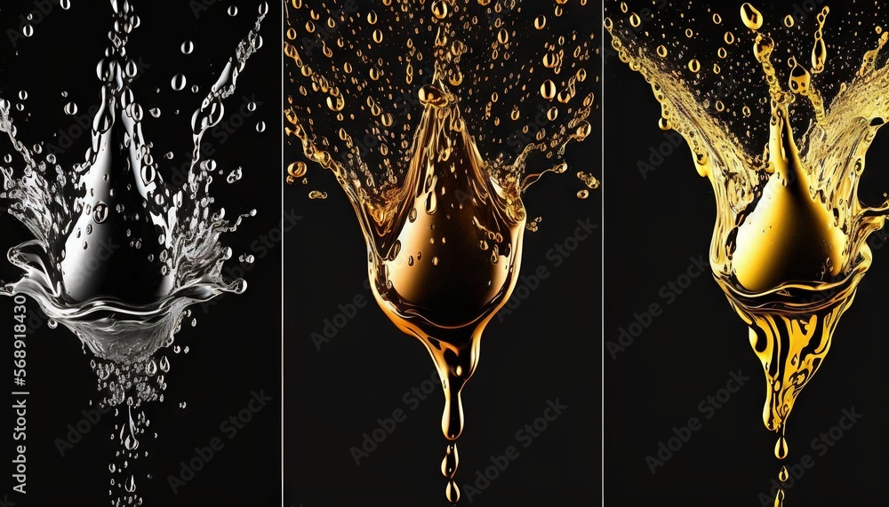 Poster three different splashes of liquid in different shapes and sizes on a black background with a black 