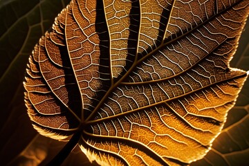  a close up view of a leaf's leaf's veining and veining pattern on a leaf's surface, with sunlight coming through the leaves.  generative ai