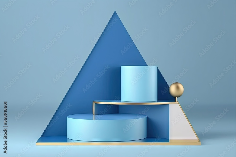 Poster a blue and white shelf with a gold ball on top of it and a blue triangle on the bottom of it with a 