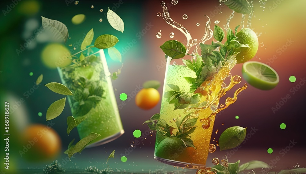 Poster a green drink with limes and mints splashing out of the top of the glass and into the bottom of the 
