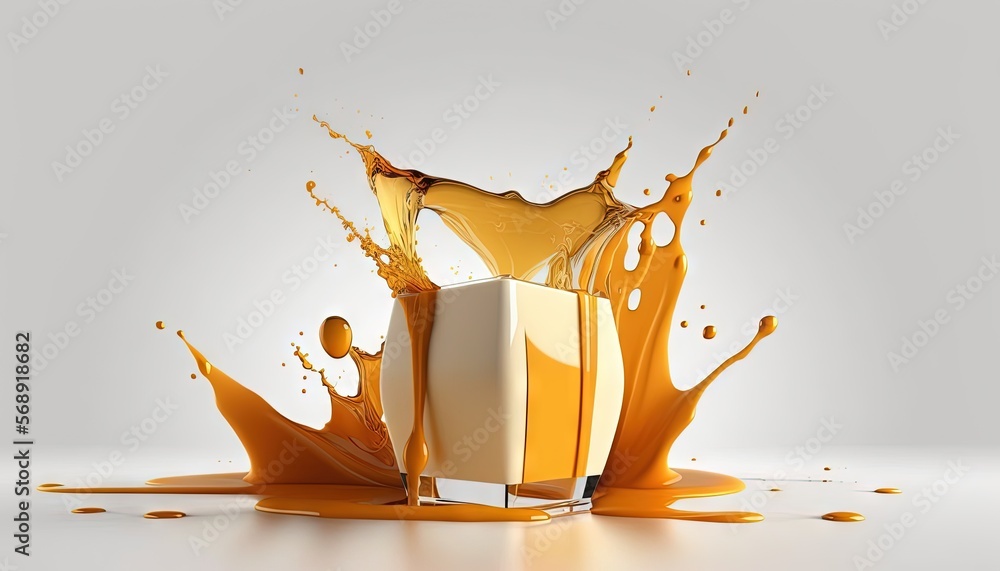 Poster an orange liquid splashing out of a white box on a white surface with a white background and a white