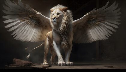 winged lion, griffin, chimera, 3d render, digital illustration - obrazy, fototapety, plakaty