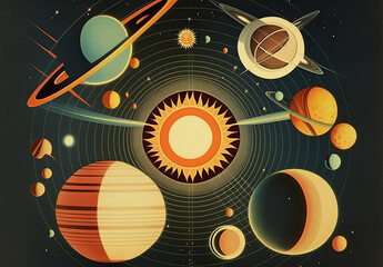 Vintage style science fiction outer space, galaxy planets. Generative ai