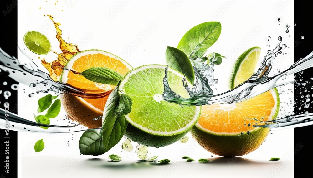 Poster slices of oranges and limes with leaves splashing in the water against a white background, creating 