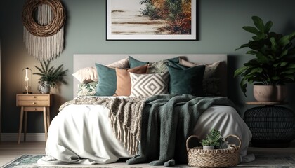  a bed with a blanket and pillows in a room with a potted plant on the side of the bed and a picture on the wall above it.  generative ai