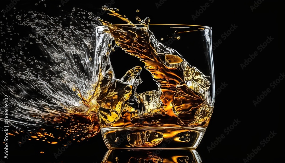 Poster an image of a glass of whiskey with ice cubes and splashing water on a black background with a refle