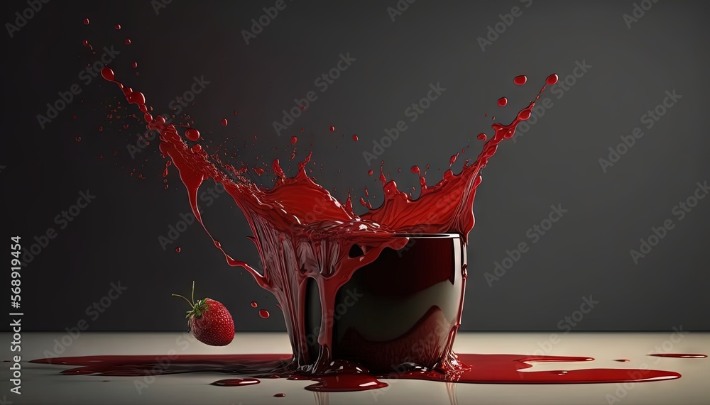 Aufkleber a red liquid splashing out of a cup onto the floor next to a strawberry on a table with a gray backg
