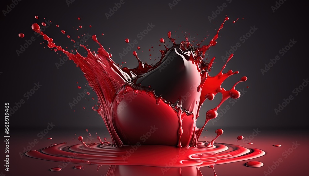 Poster a red liquid splashing out of a heart shaped object on a black background with a red drop of liquid 