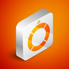 Isometric Lifebuoy icon isolated on orange background. Lifebelt symbol. Silver square button. Vector