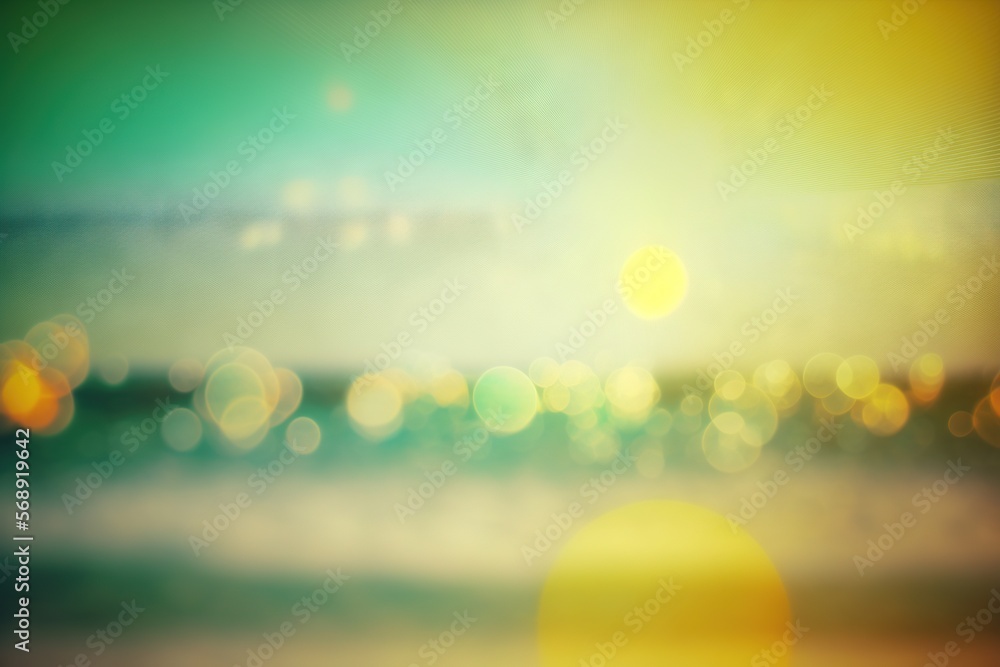 Poster a blurry photo of a beach with the sun in the background and a blurry image of the ocean in the fore