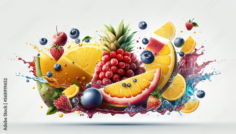 Aufkleber a bunch of fruit that are on a white surface with water splashing around it and on top of it is a pi