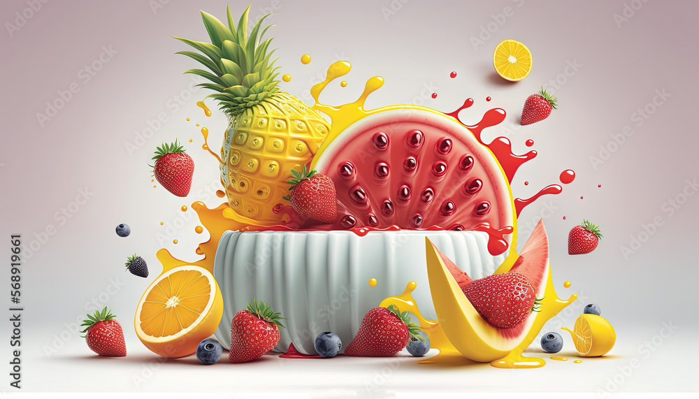 Poster a bunch of fruit that are in the air with some liquid on them and some fruit on the ground around th