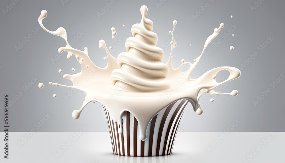 Poster a chocolate cupcake with milk splashing out of it on a white tablecloth with a gray background and a
