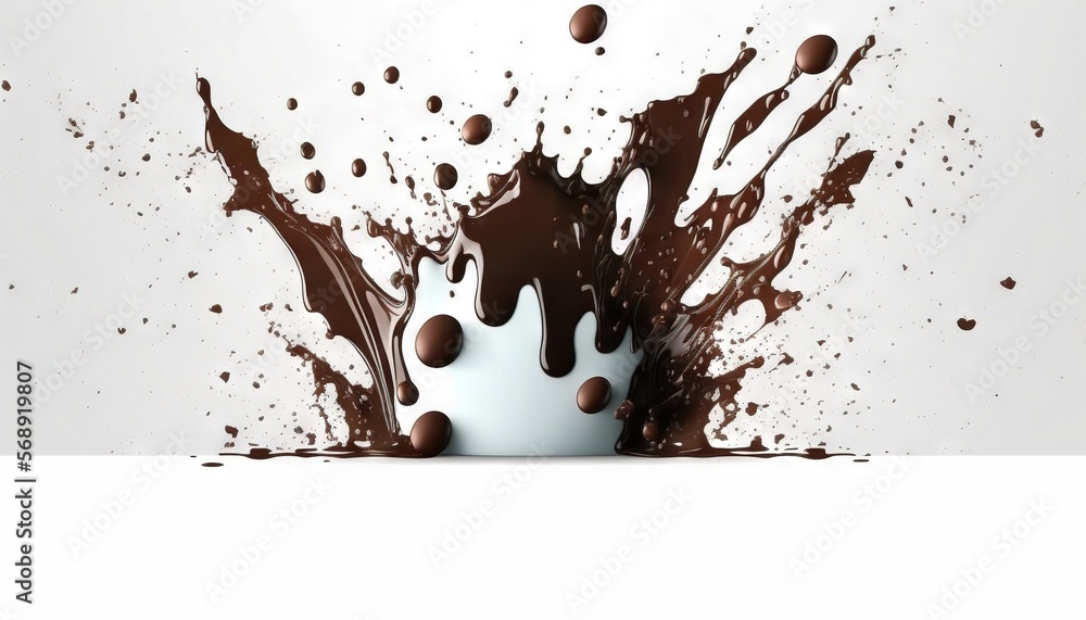 Poster a splash of chocolate on top of a white cup with chocolate sprinkles on the bottom of it and on the 