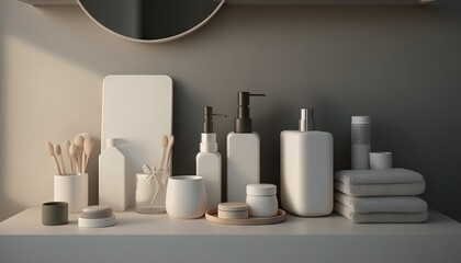  a shelf with a mirror, soap dispenser, soap dispenser, toothbrushes, soap dispenser, and other items.  generative ai