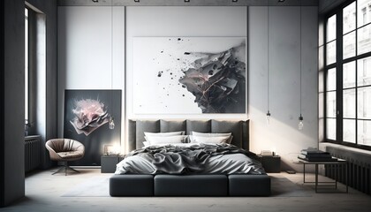  a bedroom with a large painting on the wall and a bed in the middle of the room with a large painting on the wall above the bed.  generative ai