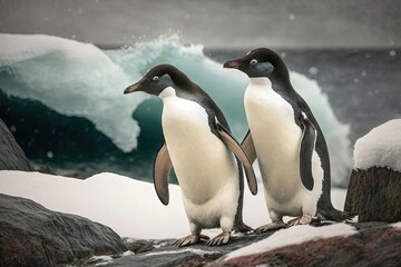  two penguins are standing on a rock near a body of water and icebergs in the background, with snow on the ground, and ice on the ground.  generative ai