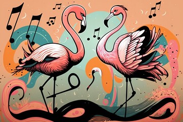  two pink flamingos are dancing with musical notes in the background of a painting of music notes and music notes on a pink background with a pink background.  generative ai